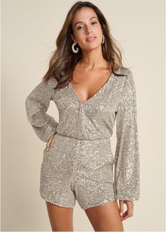 Sparkle wherever you're headed when you wear this glam long-sleeve romper. Sequins made to assure you dazzle cover every inch of this one-and-done outfit from the deep surplice neckline to the back with its oversize keyhole cutout. The addition of pockets make this stunner a statement-making must! * Sizes: XS (2), S (4 Statement Skirt, Sequin Rompers, Swim Trends, Halter Tankini, Surplice Neckline, Work Wear Women, One Piece Suit, Swimsuit Cover Ups, Long Sleeve Romper