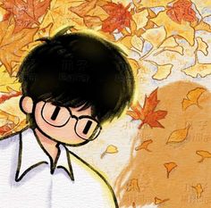 a drawing of a boy with glasses and fall leaves in the back ground behind him