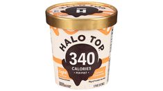 halo top 340 calories dessert ice cream in a gold foil container on a white background