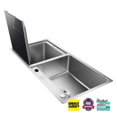 a stainless steel kitchen sink with an open door on the left side and a sticker that says energy guide