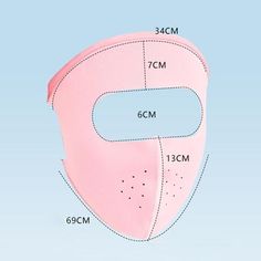 a pink face mask is shown with measurements for the size and shape, including 3cm