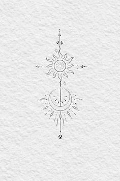 the sun and moon are drawn in black ink on white paper, with an arrow pointing up