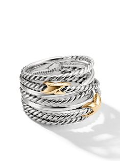 sterling silver/18kt yellow gold signature Cable motif design ring: 13mm To ensure the shine and polish of your David Yurman piece, wash with a little non-bleach, soapy water and wipe clean with a soft cloth. Normal everyday use and external agents may reduce the lustre of gemstones and gold surfaces. To maintain, use specific, non-abrasive products specially meant for cleaning jewellery. David Yurman Rings, Yurman Ring, David Yurman Ring, Crossover Ring, David Yurman Jewelry, Bridal Engagement Rings, Punk Jewelry, David Yurman, Yellow Gold Rings