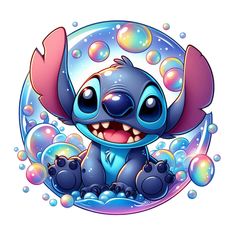 the cute stitchy stitcher is sitting in bubbles with bubbles around it and smiling