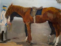 a painting of a brown horse standing next to a man in front of a white wall