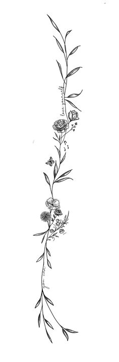 an ink drawing of flowers and leaves