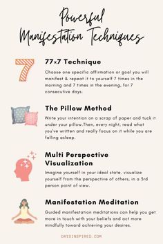 Manifestation is the practice of altering your thoughts to create change toward your life goals. This Law of Attraction practice uses different manifestation techniques. In this post, I’ve compiled the 16 most popular manifestation techniques & tips including 369 manifestation, the two cup method, limiting belief journaling, visualization, 17 second rule, living as if, the pillow method, 555 and 777 manifestation, scripting, vision boards, and brief description on how to do each. #manifestation Money Affirmations, Self Care Activities