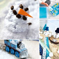 there are pictures of snowmen and toys in the same photo, including a toy train