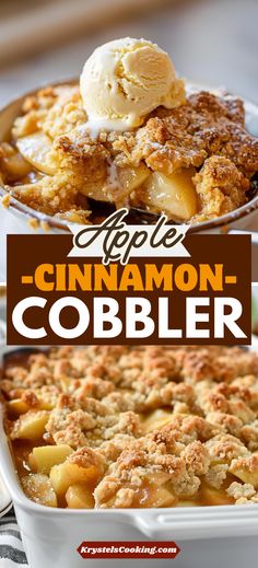 apple cinnamon cobbler with ice cream on top