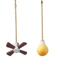 two ceiling fans with wooden blades attached to them, one is yellow and the other is brown