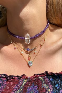 Multi gemstone stone and crystal quartz necklace- made from amethyst and lapis lazuli. A short choker style measuring 12-14"