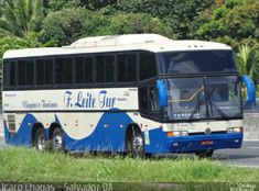 a blue and white bus parked on the side of the road in front of some trees