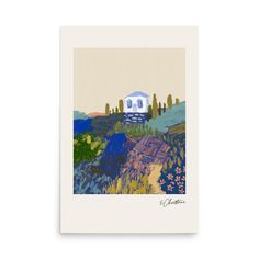 a card with an image of a house on the hill and trees in the background