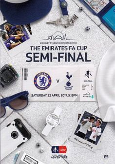 an advertisement for the emirates cup semi - final with photos and other items on display