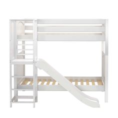 a white bunk bed with a slide on the bottom and side rails to allow children to climb