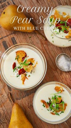 creamy pear soup with blue cheese and croutons is an easy, delicious dessert