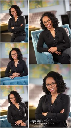 a woman sitting in a blue chair with her arms crossed and smiling at the camera