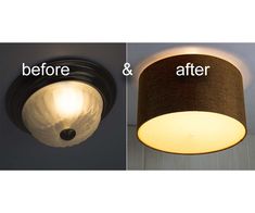 before and after photos of a ceiling light with fabric shade on the bottom left and top right