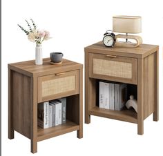 two wooden nightstands with one open and the other closed, both side by side