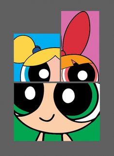 the powerpuff girls face is shown in three different squares, one with big eyes and