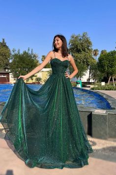 Fashion Green Spaghetti-Strap Shimmering A-Line Prom Dress Green Long Prom Dress, Prom Dresses Long A Line, Bohemian Party, Spaghetti Strap Prom Dress, Prom Dresses Sleeveless, Dress Simple, Party Gown, Pretty Prom Dresses, Prom Dresses Online