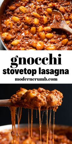 a ladle full of gnocchini and stovetop lasagna