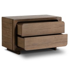 a wooden table with two drawers on one side and an open drawer on the other