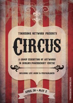 the poster for circus is shown in red and white stripes