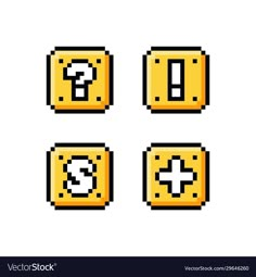 four pixelated buttons with different symbols on them