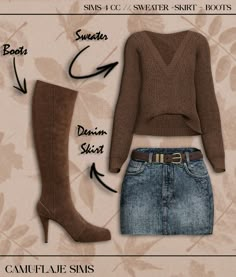 a woman's outfit with boots, sweater and denim skirt