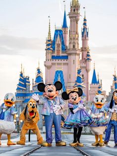 some people are dressed up as mickey mouse and other characters in front of a castle