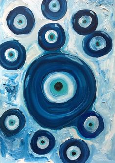 an abstract painting with blue and white circles