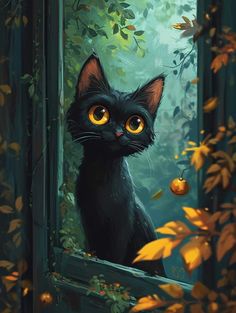 a black cat sitting on top of a window sill in front of leaves and pumpkins