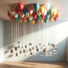 a bunch of balloons hanging from the ceiling with pictures attached to them in an empty room