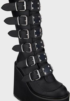 Demonia Swing-815 Buckle Knee High Platform Boots - Black – Dolls Kill Demonia Trinity Boots, Electric Daisy Carnival Outfits, Trinity Boots, Shoes Platform Boots, Demonia Platforms, Black Satin Shoes, Pluse Size, High Platform Boots, Futuristic Sunglasses