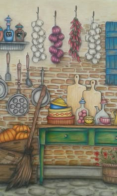 a drawing of a kitchen with pots, pans and other cooking utensils