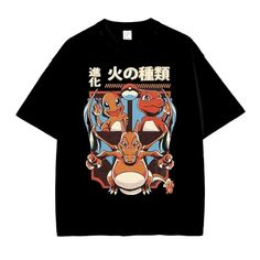 a t - shirt with an image of pokemon on the front and japanese characters on the back