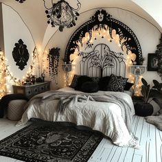 Monochrome Boho Retreat: Stylish Simplicity in Black and White Bedroom Black Boho Bedroom, Gothic Decor Bedroom, Dream Bedroom Inspiration, Boho Bedroom Design, A Modern House, Black Boho, Cozy Room Decor