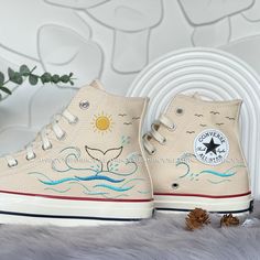 🌿 Love Embroidered Converse 🌿 ❤️ About Our Products: Each pair of shoes from our store is brand new and hand-embroidered to order. Please ensure you select the correct shoe size before checkout. The embroidery is durable and won't fade over time. ✨ Personal Expression: Showcase your unique style with custom embroidery! Contact me to create your own embroidered shoes with a private listing. I'll send you the design for approval before embroidering the shoes. Alternatively, you can design your p Cute Shoe Designs, Colorful Sea Creatures, Converse Embroidery, Cute Converse Shoes, Embroidered Converse, Cute Converse, Clothes Embroidery Diy, High Top Converse, Embroidered Shoes