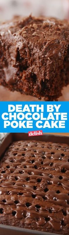 Death By Chocolate Poke Cake - Delish.com Crockpot Chocolate Cake, Flowerless Chocolate Cake, Too Much Chocolate Cake, Matilda Chocolate Cake, Cake Poke, Hershey Chocolate Cakes, Weight Watcher Desserts, Chocolate Poke Cake, Coconut Dessert