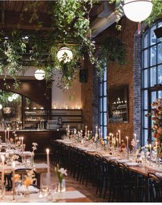 an indoor dining area with tables, chairs and hanging plants on the ceiling is lit by candles