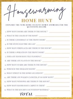 a housewarming game with the words home hunt written in gold foil on it