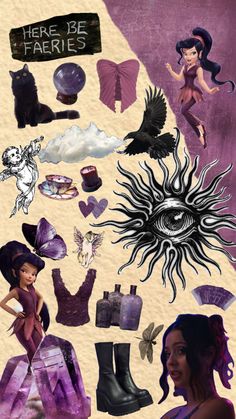 a collage of various items including shoes, hats, and other things in purple