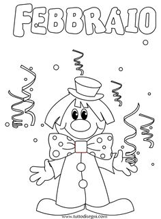 a coloring page with the word fedbraio in spanish and an image of a clown