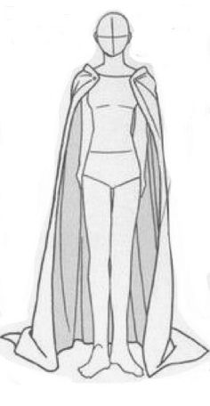 a drawing of a female figure with cape on her head and body, standing in front of a white background