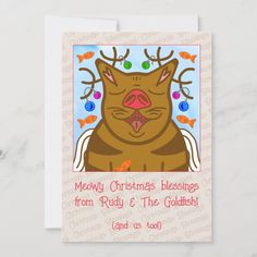 a christmas card with an image of a cat wearing reindeer antlers on its head