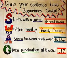 a bulletin board with words and pictures on it that say, does your sentence have superhero swag?