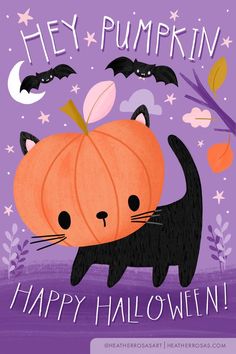 a halloween card with a black cat holding a pumpkin in it's mouth and bats flying around