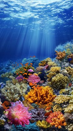 an underwater scene with corals and seaweed in the foreground, sunlight streaming through the water