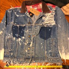 Destroyed Very Cool, Flannel Material, Leather And Denim One Of A Kind Custom Made Kinda Baggy . Smoke Free Dog Friendly Home Weird Clothing, Leather And Denim, Reworked Denim, Coats Vintage, Vintage Jean Jacket, Upcycled Clothes, Crazy Outfits, Floral Skull, Chore Jacket